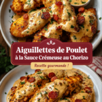 Aiguillettes de poulet nappées d'une sauce crémeuse au chorizo, prêtes à être dégustées.