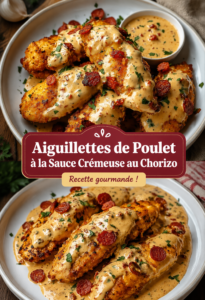 Aiguillettes de poulet nappées d'une sauce crémeuse au chorizo, prêtes à être dégustées.