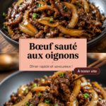 Un plat de bœuf sauté aux oignons prêt à être servi, avec des oignons dorés et de la viande juteuse.