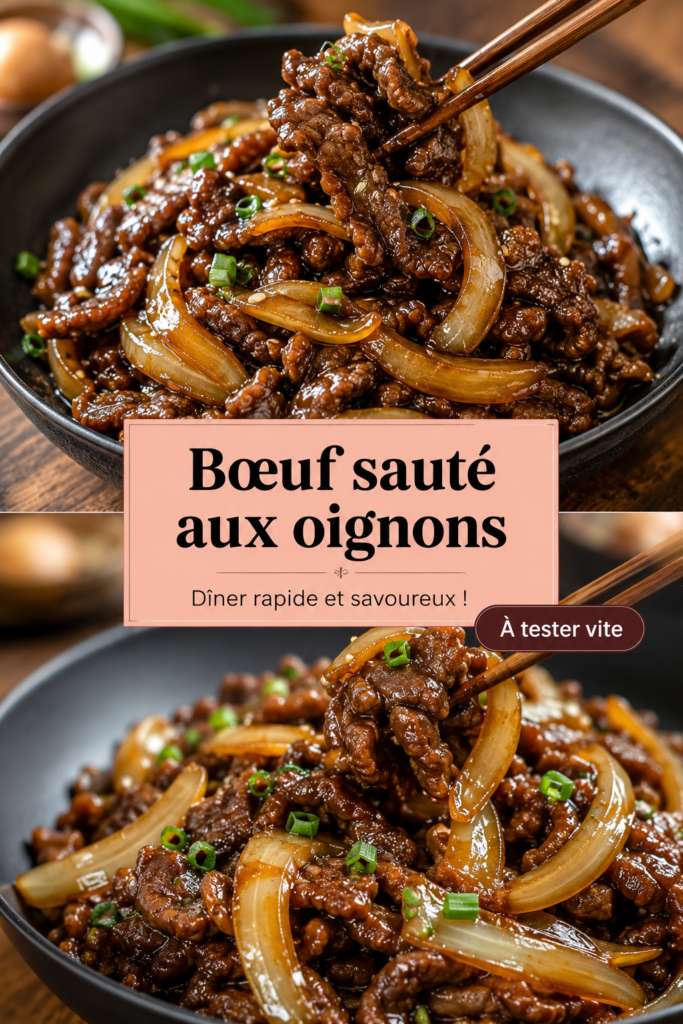 Un plat de bœuf sauté aux oignons prêt à être servi, avec des oignons dorés et de la viande juteuse.