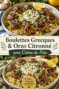 Boulettes grecques accompagnées d'orzo citronné et crème de feta