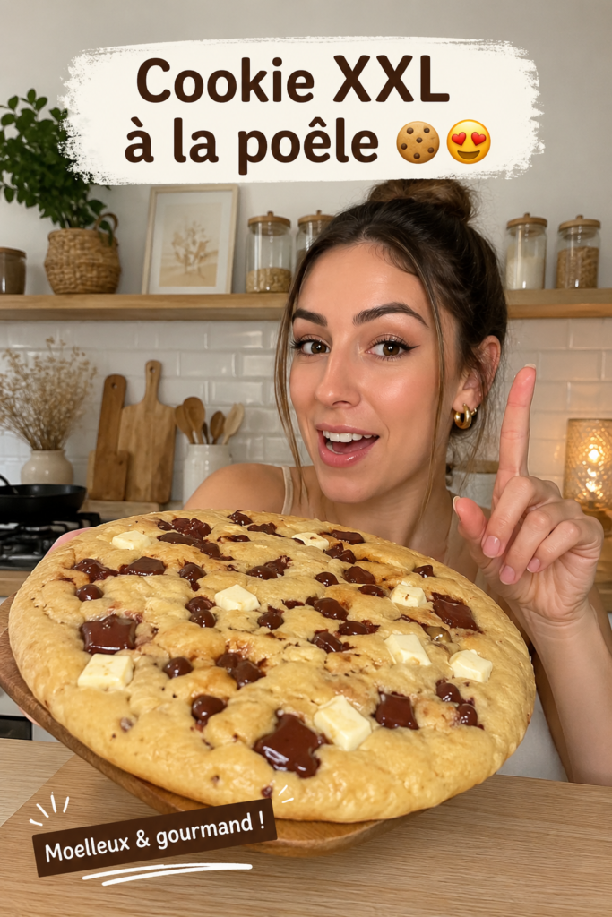 Cookie XXL cuit à la poêle, sur une assiette, avec des pépites de chocolat fondantes
