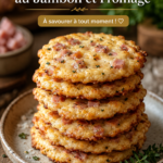 Cookies salés au jambon et fromage présentés sur une assiette en bois