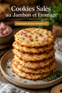 Cookies salés au jambon et fromage présentés sur une assiette en bois