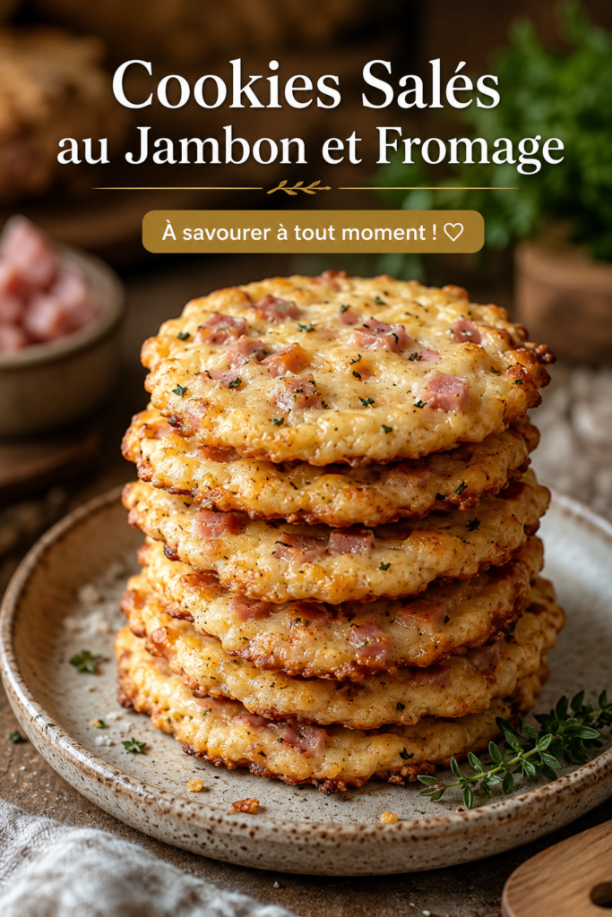 Cookies salés au jambon et fromage présentés sur une assiette en bois