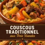 Couscous traditionnel aux trois viandes servi dans un grand plat, entouré de légumes colorés.