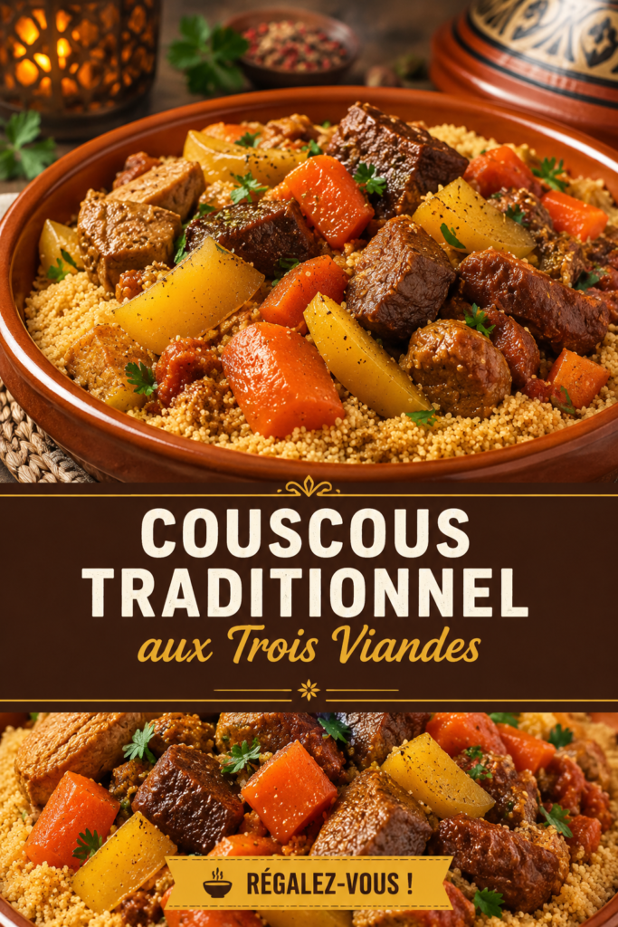 Couscous traditionnel aux trois viandes servi dans un grand plat, entouré de légumes colorés.