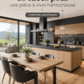 Cuisine grise moderne avec un aménagement chaleureux.