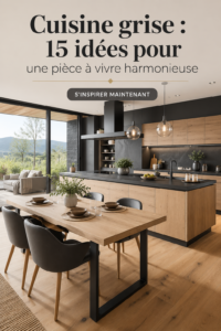 Cuisine grise moderne avec un aménagement chaleureux.