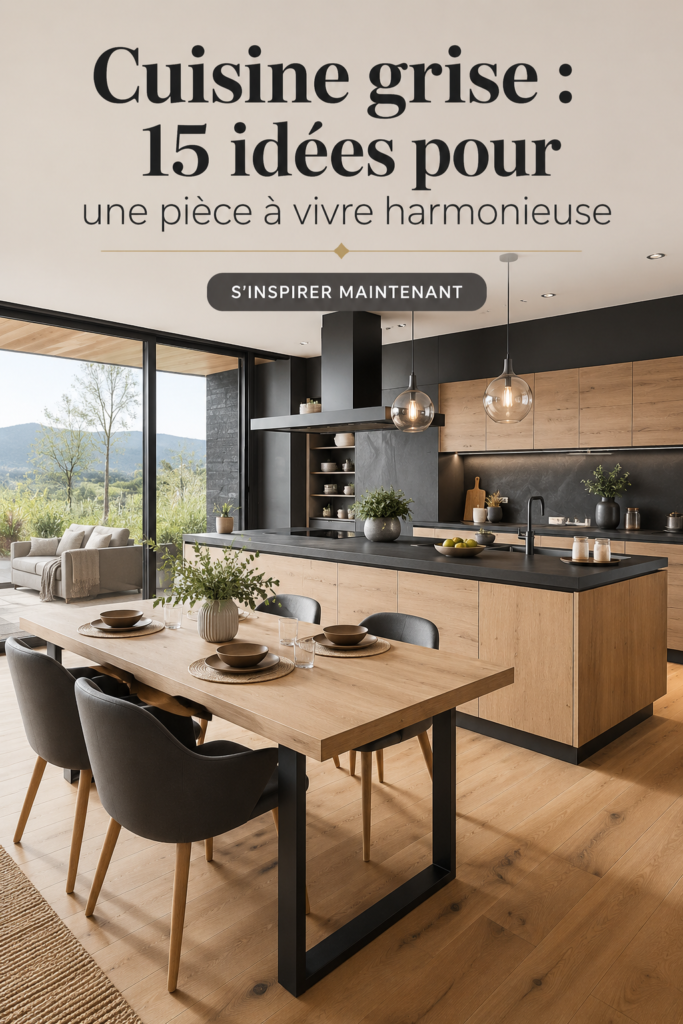 Cuisine grise moderne avec un aménagement chaleureux.