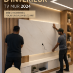 Un salon moderne avec une télévision intégrée dans un mur en bois stylé.