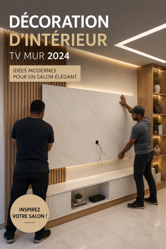 Un salon moderne avec une télévision intégrée dans un mur en bois stylé.