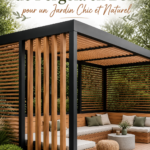 Un jardin chic avec une pergola en bois invitante entourée de verdure.