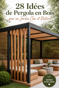 Un jardin chic avec une pergola en bois invitante entourée de verdure.