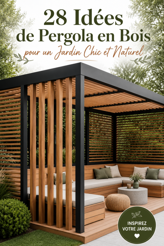 Un jardin chic avec une pergola en bois invitante entourée de verdure.