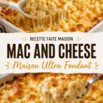 Un plat de mac and cheese maison ultra fondant avec du fromage coulant sur le dessus.