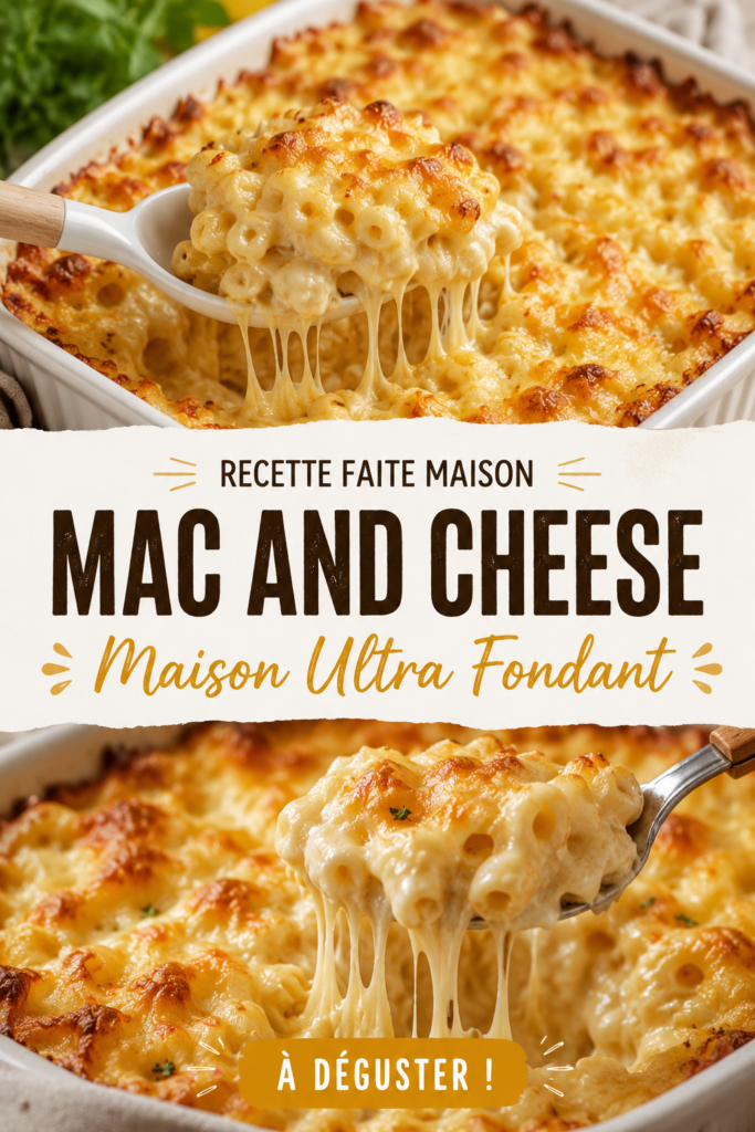 Un plat de mac and cheese maison ultra fondant avec du fromage coulant sur le dessus.