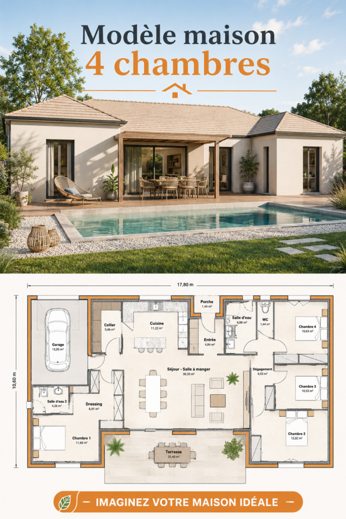 Modèle de maison 4 chambres moderne avec jardin