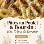 Plat de pâtes crémeuses au poulet et Boursin dans une assiette appétissante.