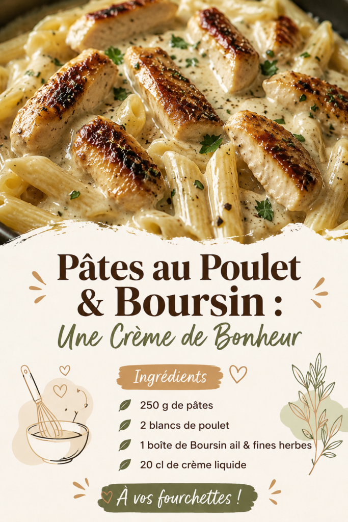 Plat de pâtes crémeuses au poulet et Boursin dans une assiette appétissante.