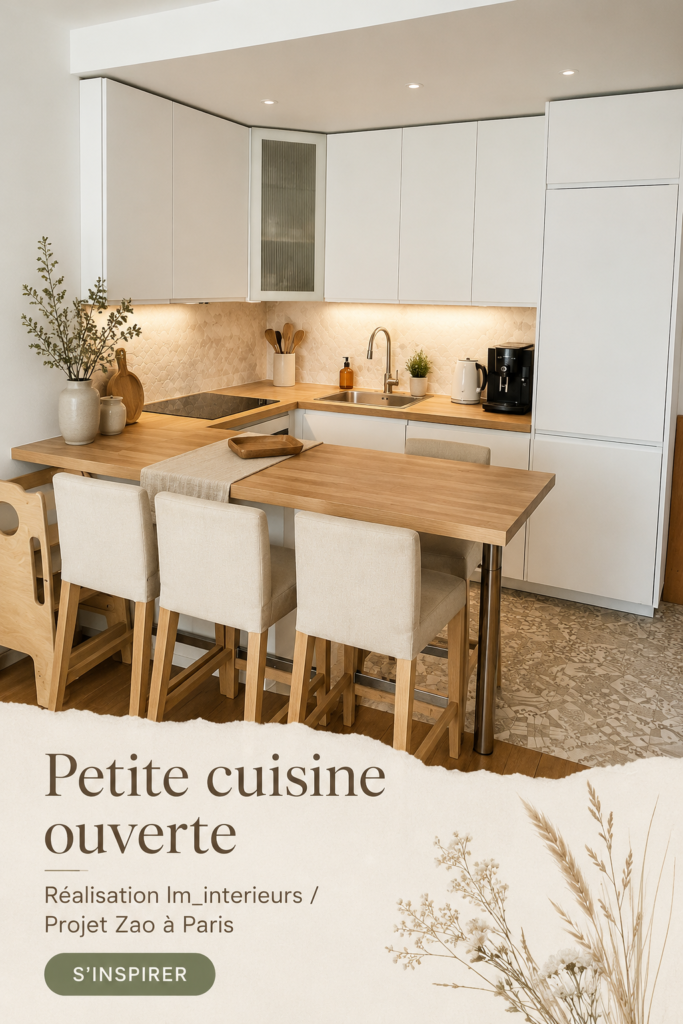 Une petite cuisine ouverte avec des éléments modernes et chaleureux à Paris