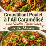 Une assiette de poulet à l'ail caramélisé avec des nouilles savoureuses.