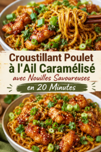 Une assiette de poulet à l'ail caramélisé avec des nouilles savoureuses.