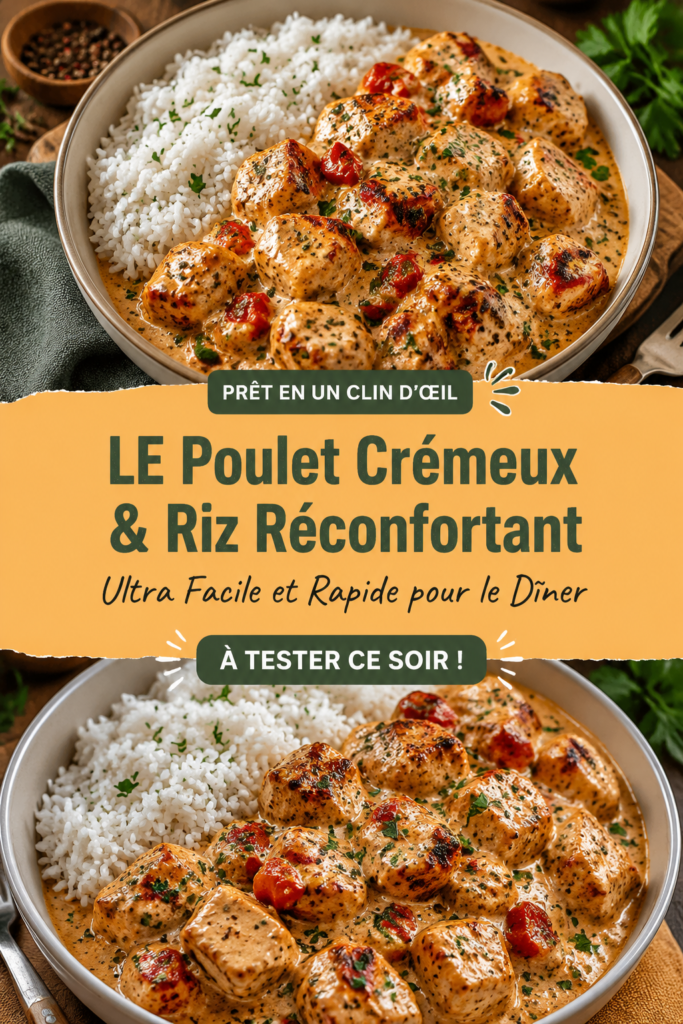 Plat de poulet crémeux avec riz dans une assiette blanche, prêt à déguster
