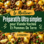 Plat de viande hachée accompagné de pommes de terre dorées sur un fond de table en bois.