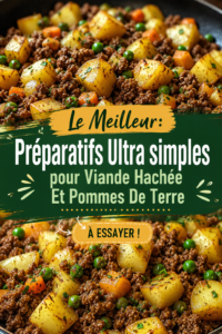 Plat de viande hachée accompagné de pommes de terre dorées sur un fond de table en bois.
