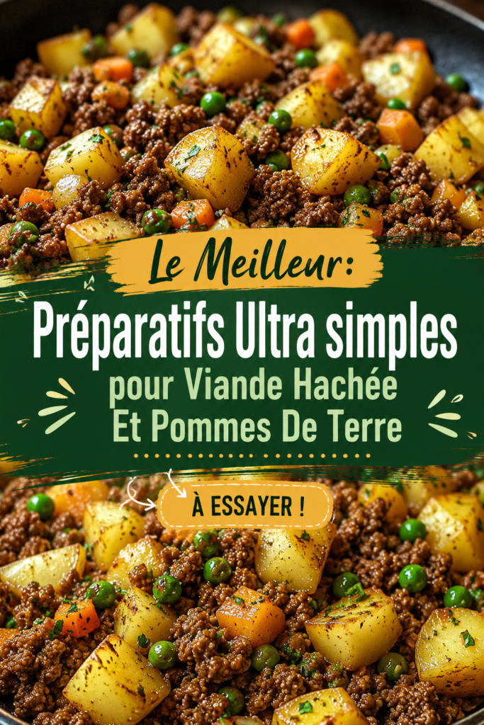 Plat de viande hachée accompagné de pommes de terre dorées sur un fond de table en bois.
