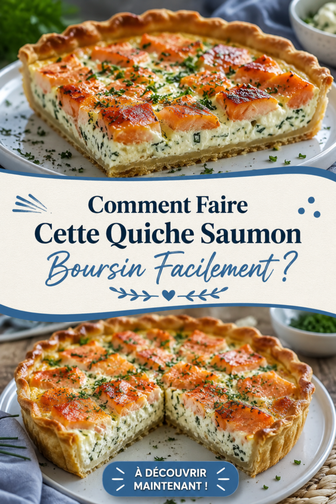 Une quiche saumon boursin délicieusement dorée sur une table en bois