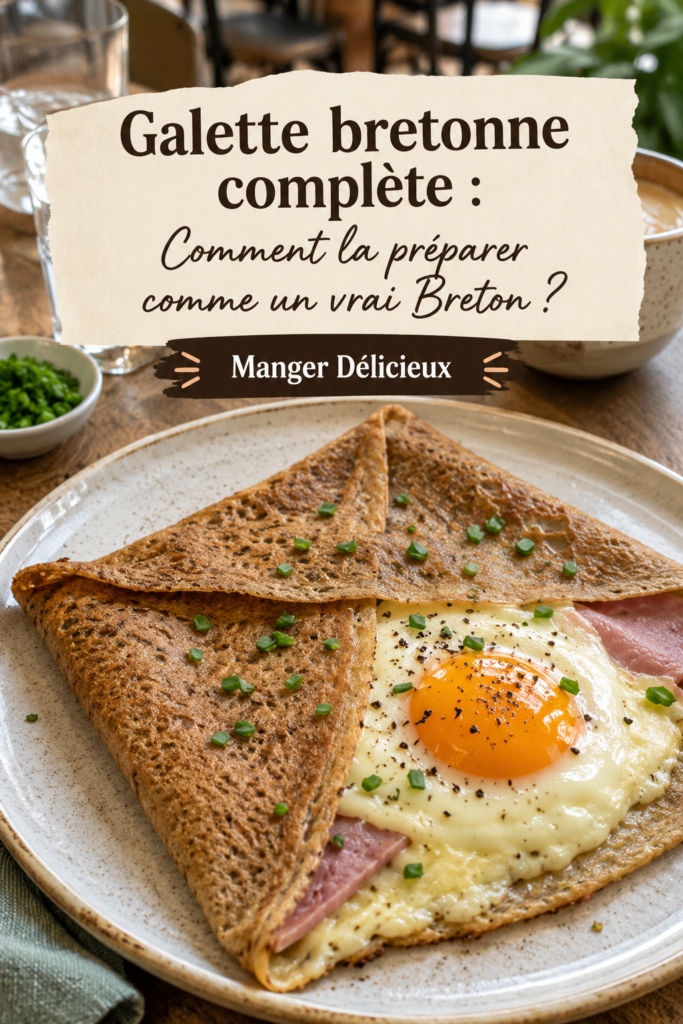 Une galette bretonne complète garnie de jambon, emmental et œuf sur une assiette, prête à être déguster.