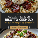 Un risotto crémeux au chorizo et burrata servi dans un bol, avec une belle garniture