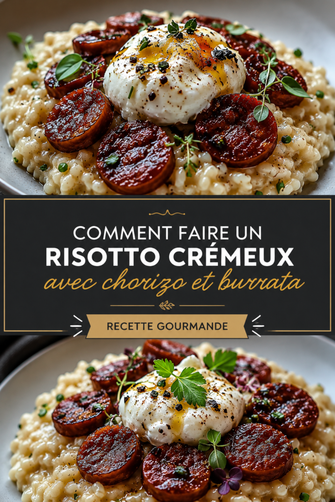 Un risotto crémeux au chorizo et burrata servi dans un bol, avec une belle garniture