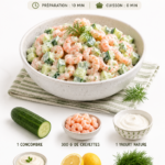 Salade crémeuse de concombre et crevettes présentée dans un bol coloré.