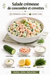 Salade crémeuse de concombre et crevettes présentée dans un bol coloré.