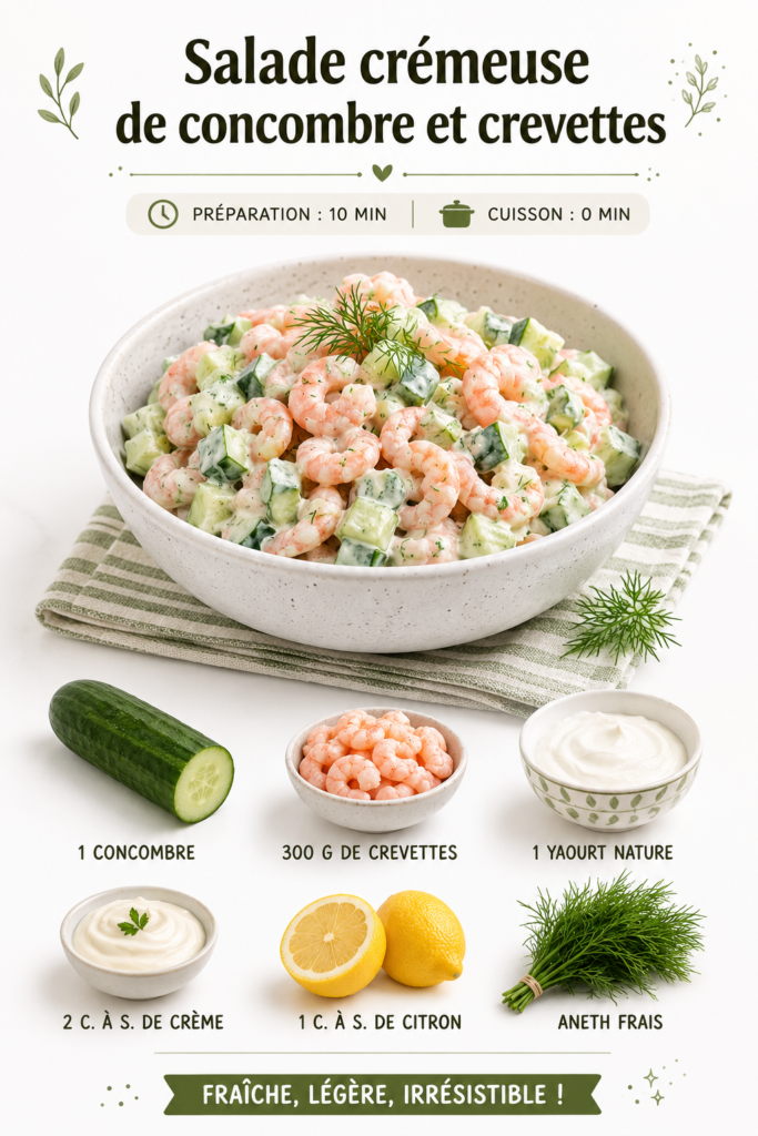 Salade crémeuse de concombre et crevettes présentée dans un bol coloré.