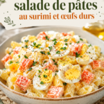 Salade de pâtes colorée avec surimi et œufs durs, prête à être servie.