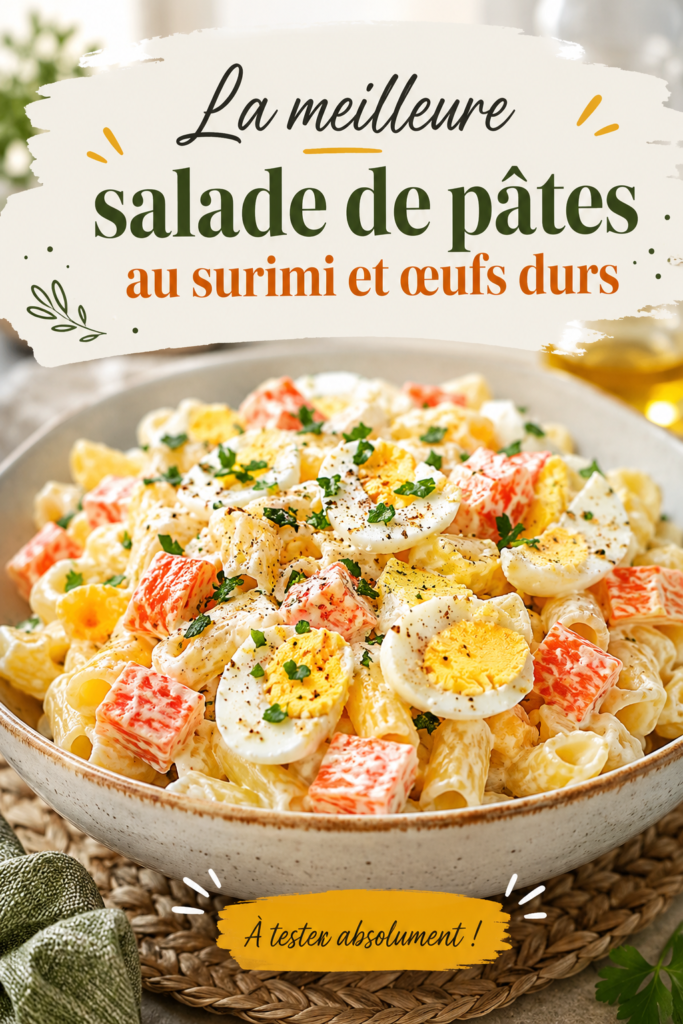 Salade de pâtes colorée avec surimi et œufs durs, prête à être servie.