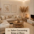 Salon cocooning avec des éléments beige et blanc, ambiance chaleureuse.