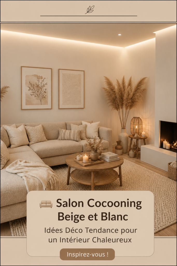 Salon cocooning avec des éléments beige et blanc, ambiance chaleureuse.