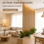 Un salon moderne avec un séparateur en bois qui compartimente l'espace de vie.