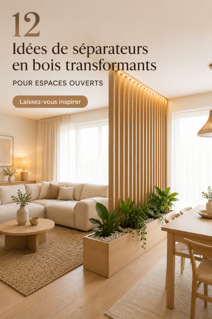 Un salon moderne avec un séparateur en bois qui compartimente l'espace de vie.