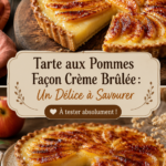 Tarte aux pommes façon crème brûlée sur une assiette, prête à être servie.
