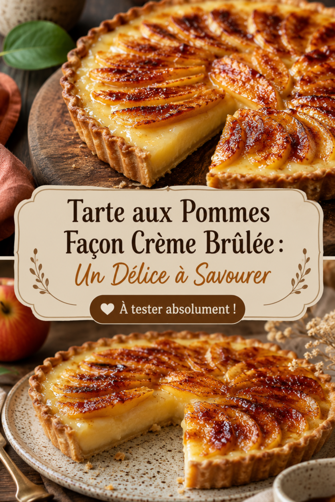 Tarte aux pommes façon crème brûlée sur une assiette, prête à être servie.