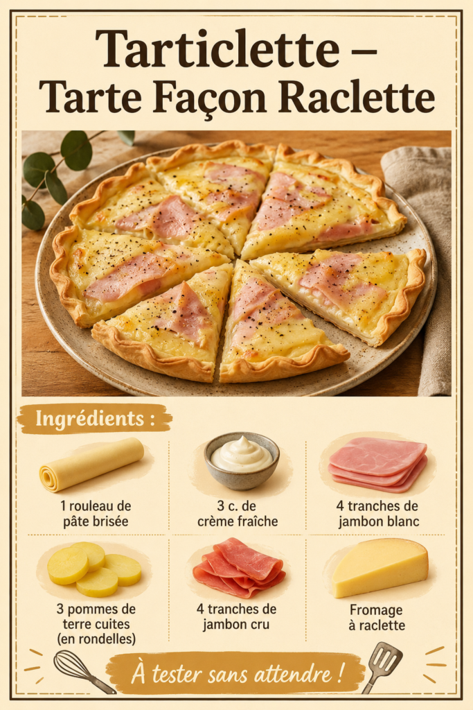 Tarte façon raclette garnie de fromage, pommes de terre et lardons