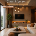 Un salon moderne lumineux avec des touches de décoration tendance et un éclairage chaleureux