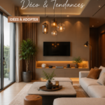 Un salon moderne lumineux avec des touches de décoration tendance et un éclairage chaleureux