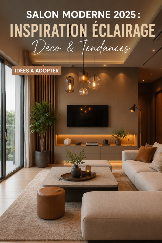 Un salon moderne lumineux avec des touches de décoration tendance et un éclairage chaleureux